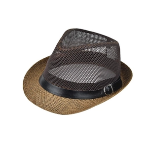 Detailed view of breathable mesh crown and woven brim on a men's summer fedora hat