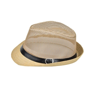 Classic light brown woven linen fedora for men with breathable crown and black band