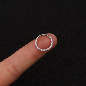 Polished stainless steel hinged hoop ring with pavé clear cubic zirconia stones
