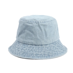 Classic light blue denim bucket hat with wide brim and reinforced stitching in minimalist style