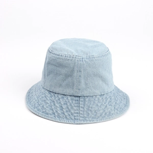 Detail of light blue denim bucket hat with parallel stitching on the wide brim