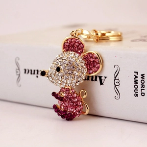 Golden mouse animal keychain with colorful sparkling crystals and pink rhinestones