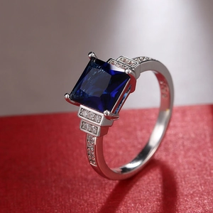 Deep blue princess cut zircon ring in S925 sterling silver with micro pave diamonds