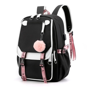 Black Oxford backpack with white trim, pink sport ribbon and USB charging port detail