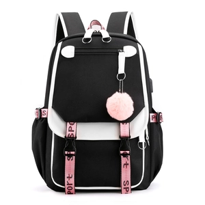 Large Oxford fabric backpack with black and white color block and pink USB charging port