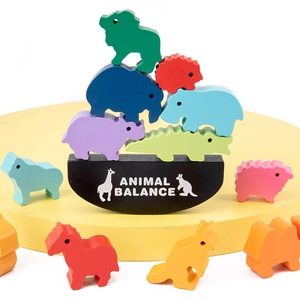 Colorful wooden animal balancing blocks on a black base for educational play