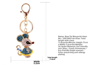 Detailed size chart showing mouse keychain dimensions 11.8cm total length and 5.2cm width