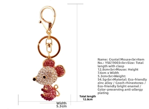 Detailed size chart showing mouse keychain dimensions 7.6cm height and 12.8cm total length