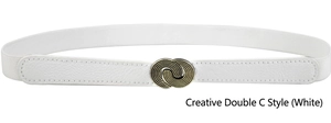 Detailed view of white textured leather belt with antique bronze spiral metal buckle