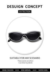 Detail of black cat eye sunglasses with white stripes and UV protection lenses