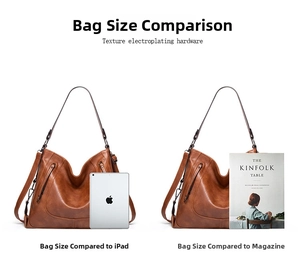 Braune Hobo-Tasche aus Leder im Größenvergleich mit einem iPad und Magazin