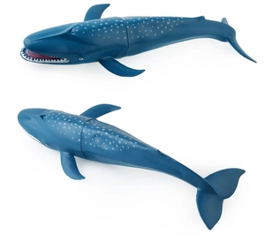 Detailed views of a blue whale shark model toy featuring realistic white spots and fins