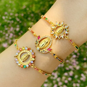 Golden Virgin Mary bracelets set with multicolored cubic zirconia and Guadalupe engraving