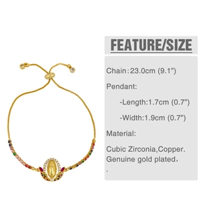 Detail view of gold-plated Virgin Mary bracelet featuring colored cubic zirconia and sizing info