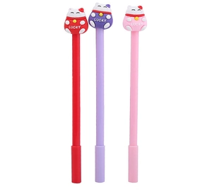 Detail of cute lucky cat pen toppers in red, purple and pink on creative gel pens