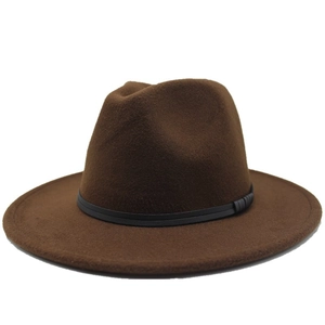 Detail of a dark brown felt fedora hat featuring a slim black decorative band and texture