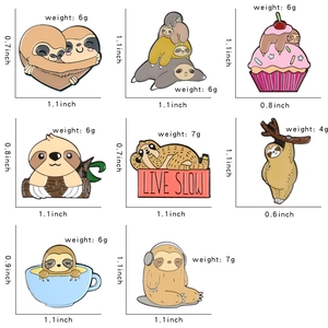 Detailed grid showing 8 cute cartoon sloth enamel pins with sizes and weight specs