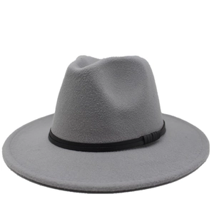 Top view of a grey wool fedora hat with a wide brim and a black decorative band detail