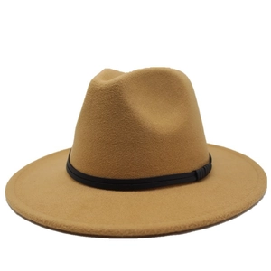 Close-up of camel wool felt fedora hat featuring a stylish black leather decorative band
