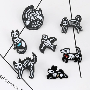 7-piece set of skeleton animal enamel pins featuring cat dog and rabbit motifs