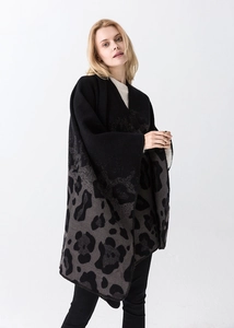 Detail shot of black leopard print knit shawl with soft texture and fashionable pattern