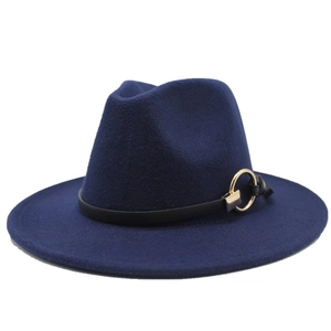 Detail of dark blue wool fedora hat featuring a black leather band and gold metal buckle