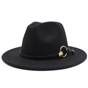 Detail of wide brim black fedora featuring a slim leather belt and gold metal buckle