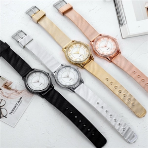Luminous quartz watch for women with rhinestone bezel and mesh metal strap in four colors