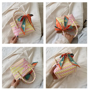 Detail views of a colorful woven straw handbag with a floral silk scarf and sun pattern