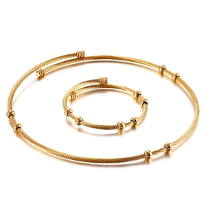Minimalist Stainless Steel Jewelry For Women Twisted Cable Wire Torque Necklace And Open Cuff Bracelet With Beads