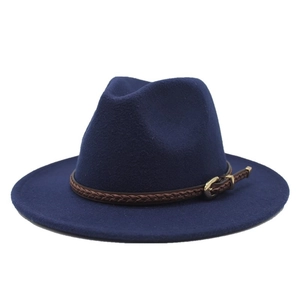 Detailed view of navy blue wool fedora featuring a brown braided leather band and gold buckle
