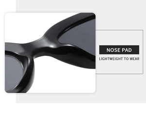 Detail view of integrated nose pads on lightweight black cat eye sunglasses frame