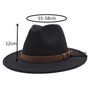 Detail view of black wool fedora hat showing 12cm height and 7cm wide brim measurements