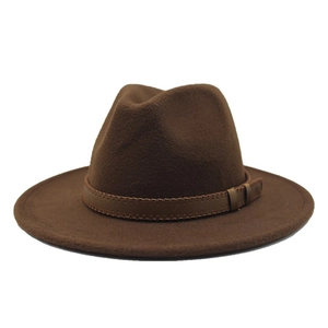 Detail of dark brown wool fedora hat with stitched leather band on white background