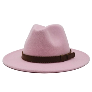 Pink wool felt fedora hat with wide brim and brown leather band detail for women