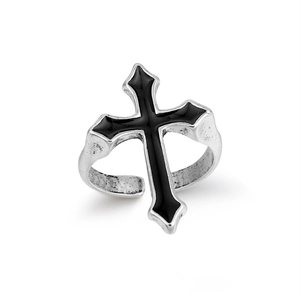 Gothic punk adjustable cross ring for men with black enamel inlay and vintage silver finish