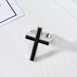 Men's punk cross ring in silver and black drip oil with adjustable open band design