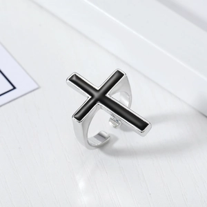 Adjustable silver cross ring for men with black enamel inlay in punk style