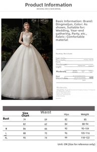 Detailed size chart for white lace bridal gown with bodice measurements and fabric info