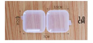 Mini transparent plastic box for jewelry storage with two compartments and dimensions shown