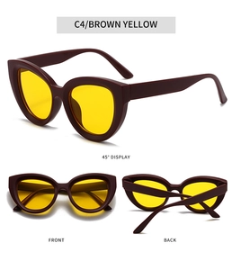 Detailed views of cat-eye sunglasses with tortoise frame and yellow lenses from 45 degree angle