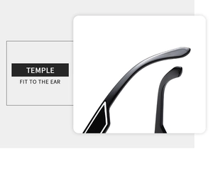 Detail of ergonomic black sunglasses temple with silver geometric decor for comfort