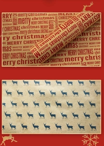 Detail of vintage kraft paper with Merry Christmas text and blue elk patterns