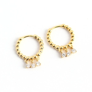 S925 sterling silver gold earrings with beaded texture and three zircon tassels