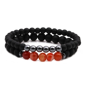 Natural Stone Beaded Bracelets Matte Frosted Agate Lava Hematite Cross Crown Pendant Elastic Unisex Jewelry