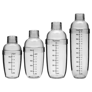 Clear plastic cocktail shaker set with measurement scales in 300ml, 500ml, 700ml, 1000ml sizes
