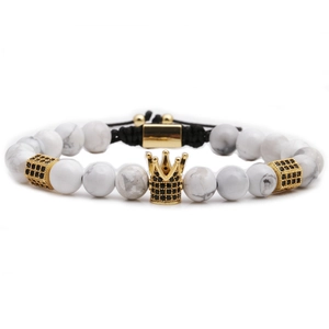 Braided tiger eye stone and turquoise bead bracelet set with a gold zircon crown charm