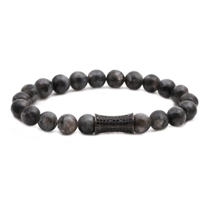 Beaded 8mm dark grey labradorite bracelet with micro-pave black zircon metal cylinder spacer