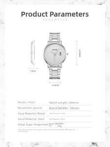 Detailed specs for quartz watch with silver mesh band and blue hands, 40mm case