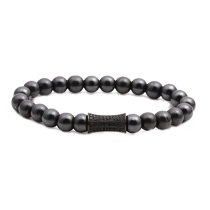 Bracciale da uomo con perline di ematite e cilindro di zircone nero su bianco
